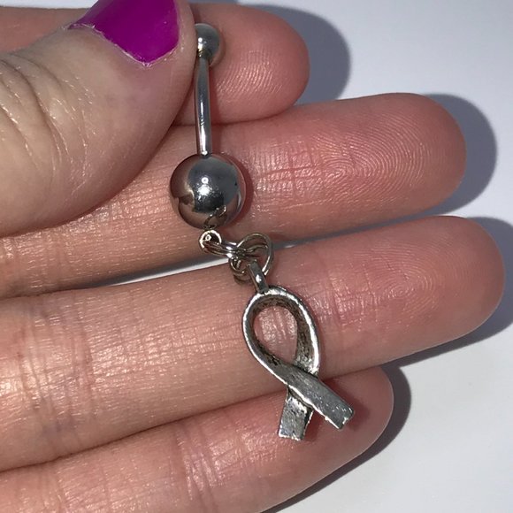 Hot Pink Awareness Ribbon Dangle Belly Ring - Picture 4 of 10